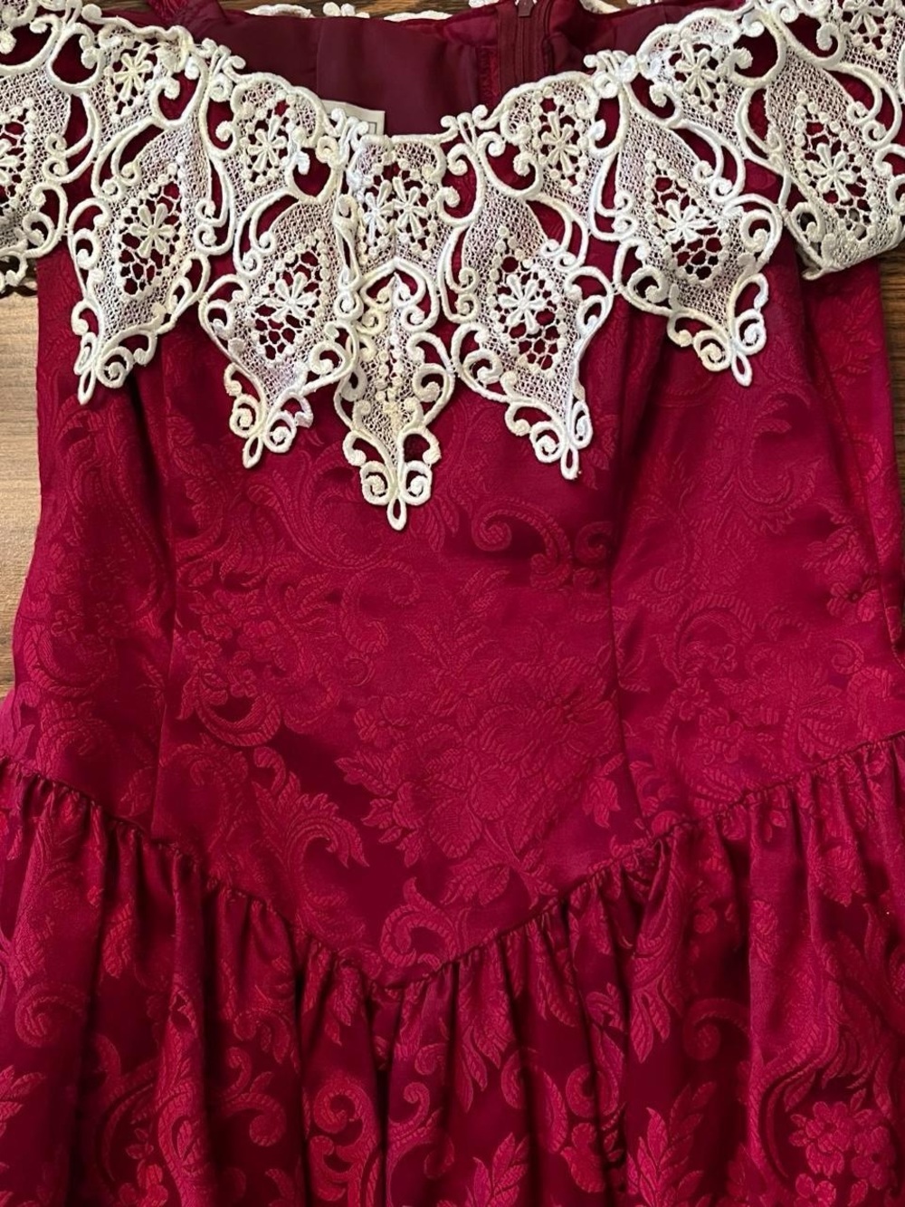 Scott McClintock Burgundy Evening Gown with Cream Lace Appliqué - Picture 5 of 8